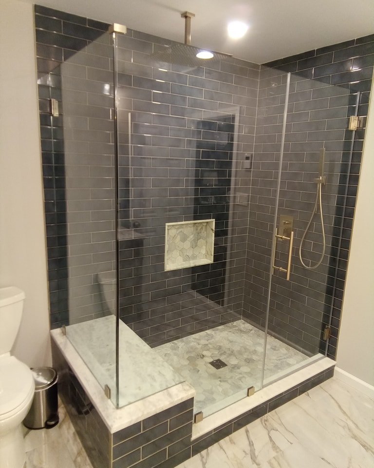Frameless Glass Shower Door Panel With Bench | OMG Shower Doors